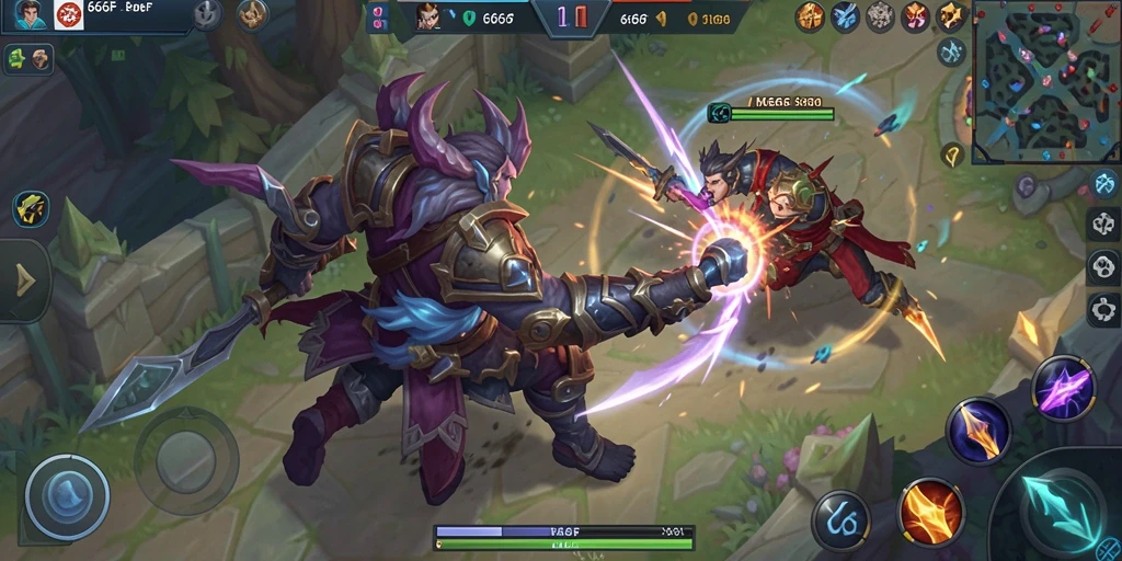 Tampilan gameplay seru dalam pertempuran MOBA.