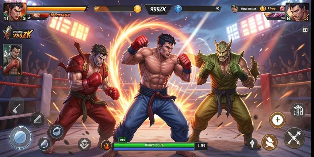 Tangkapan layar gameplay 999ZK menunjukkan pertarungan yang intens antara karakter.