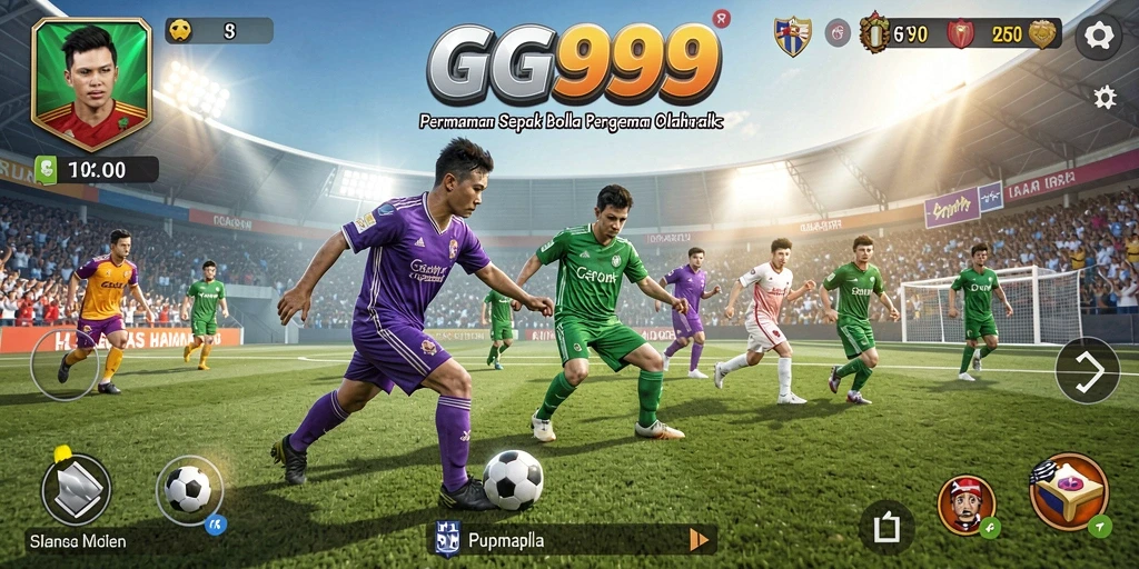Screenshot utama GG999 menampilkan aksi mendebarkan di lapangan sepak bola.
