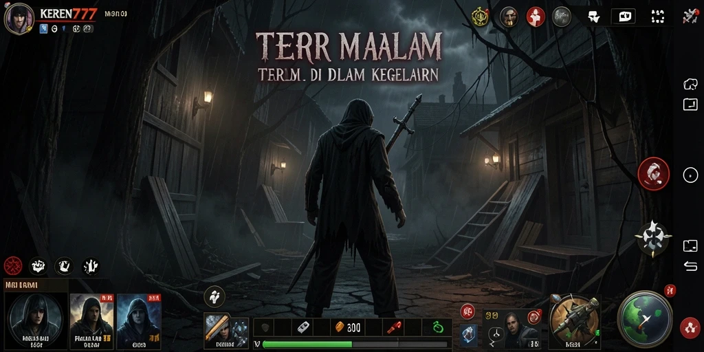 Tampilan gameplay KEREN777 dengan suasana mencekam dan efek suara menakutkan.