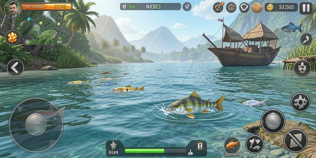 Screenshot gameplay NX303 menunjukkan aksi seru memancing di danau yang indah.
