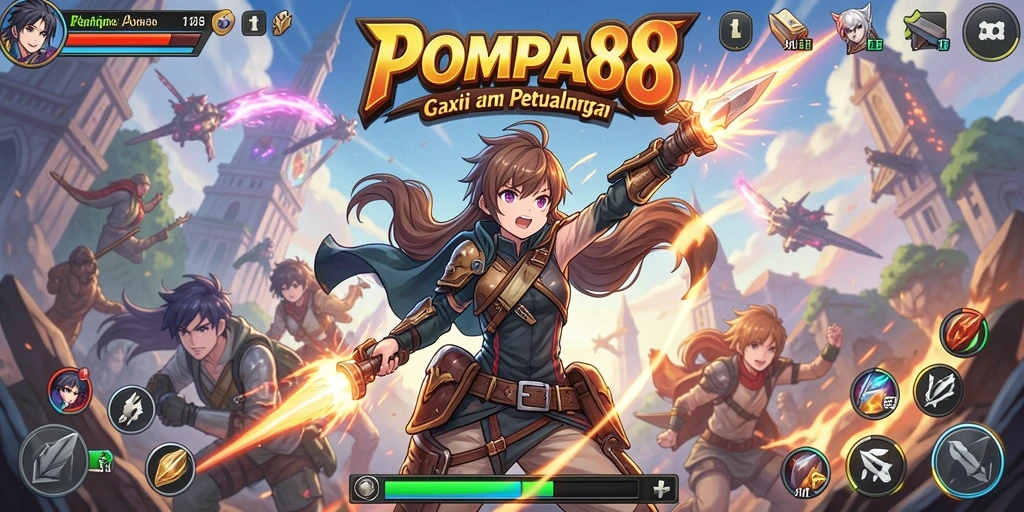 Tangkapan layar dari gameplay POMPA88 yang menampilkan karakter Anime dan pertempuran seru.